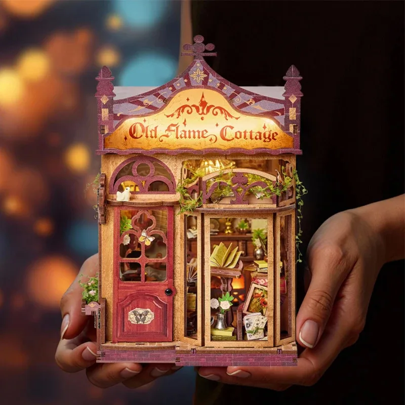 DIY Wooden Old Flame Cottage Figurines Miniatures Bookend Assembled Houses Casa for Friends Birthday Gifts Home Decoration
