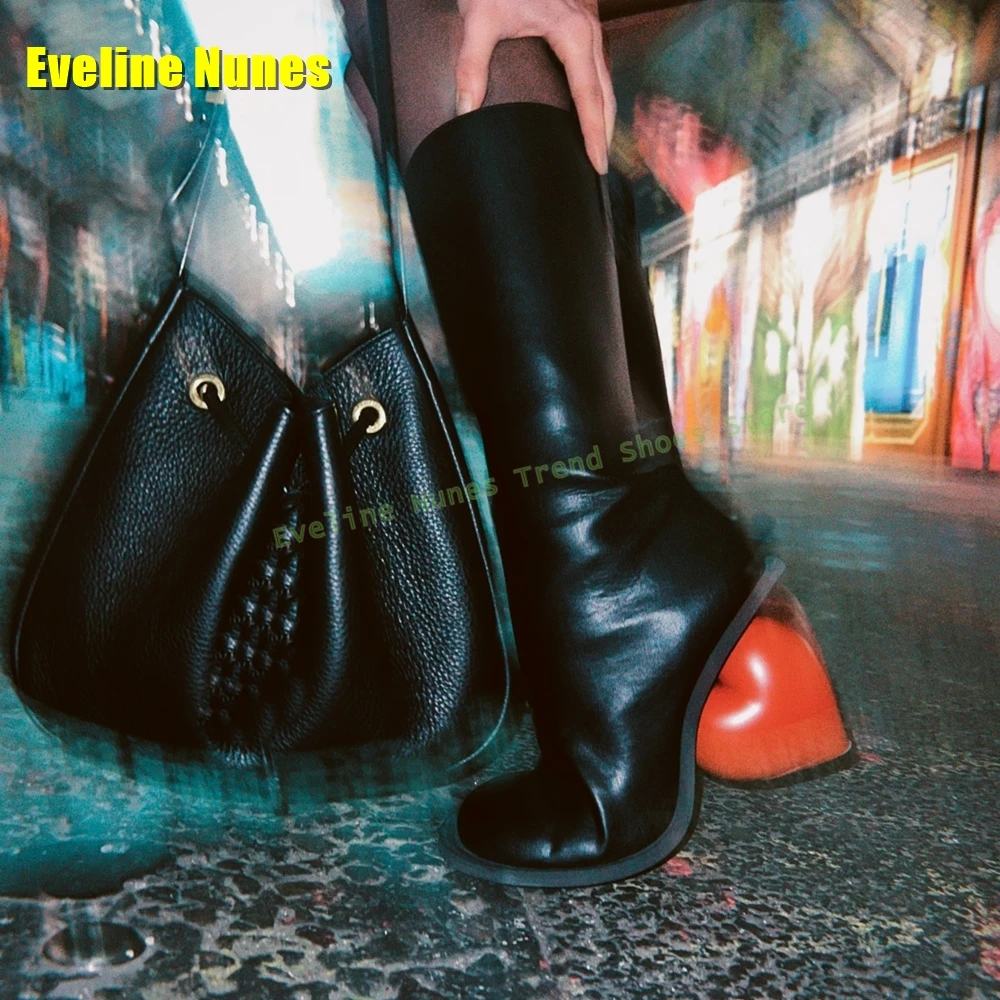 

Black Love Knee High Boots Round Toe Strange Style Fashion Catwalk Tall Boots Pull On Street Style Sleek Modern Shoes 2025 Trend