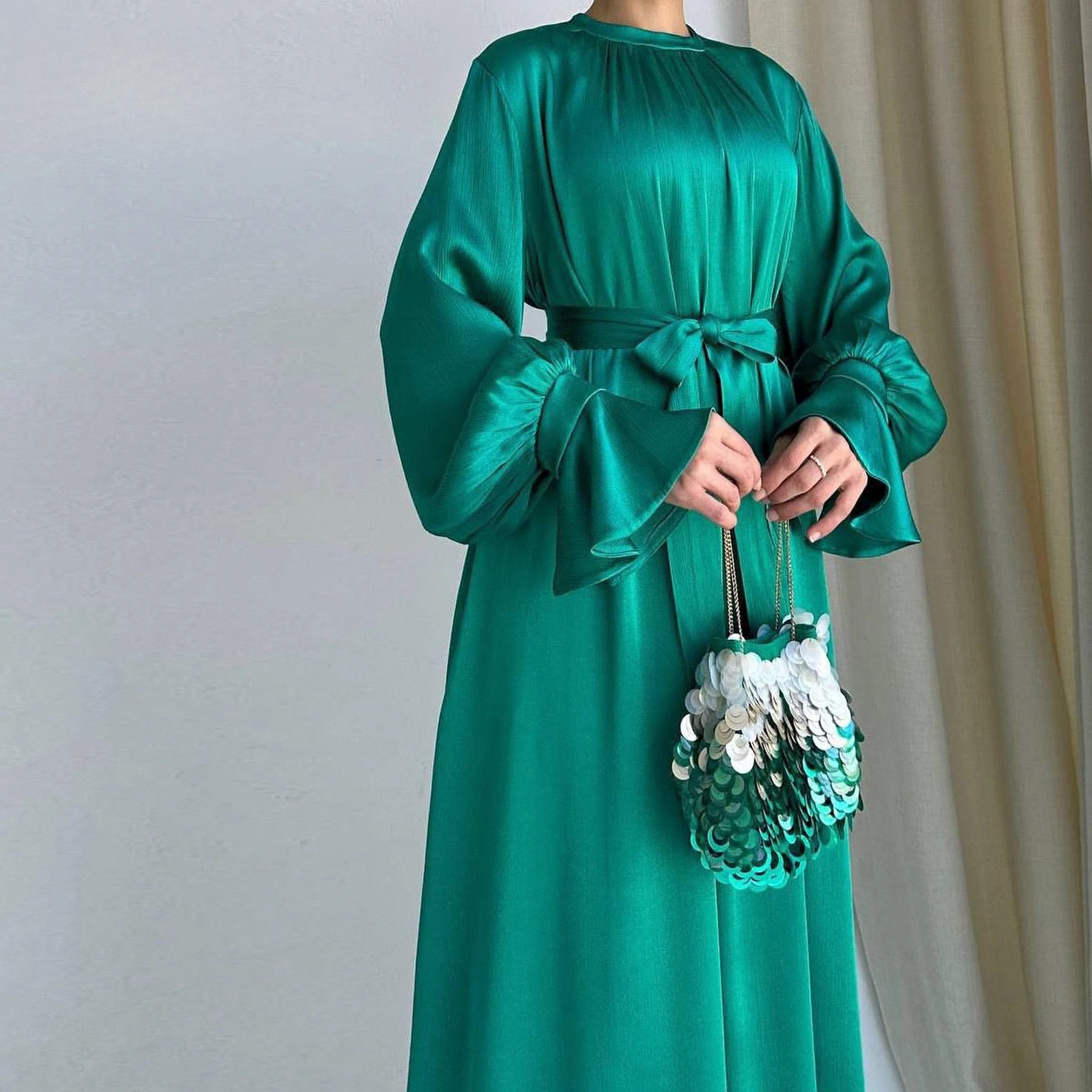 

Muslim Fashion Abaya Muslim Long Dress Arab Dubai Modest Solid Color Elegant Satin Abaya Dress Islamic Muslim Dress for Women