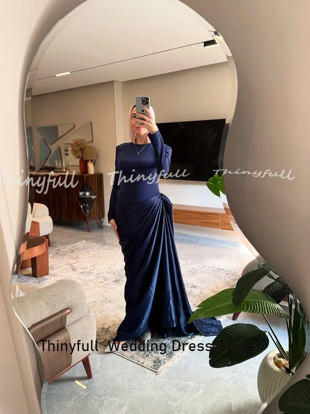 Thinyfull حورية البحر الساتان فساتين لحضور الحفلات الموسيقية كامل الأكمام س الرقبة ثوب مسائي طويل مناسبة رسمية فستان رداء دي سواريه مخصص