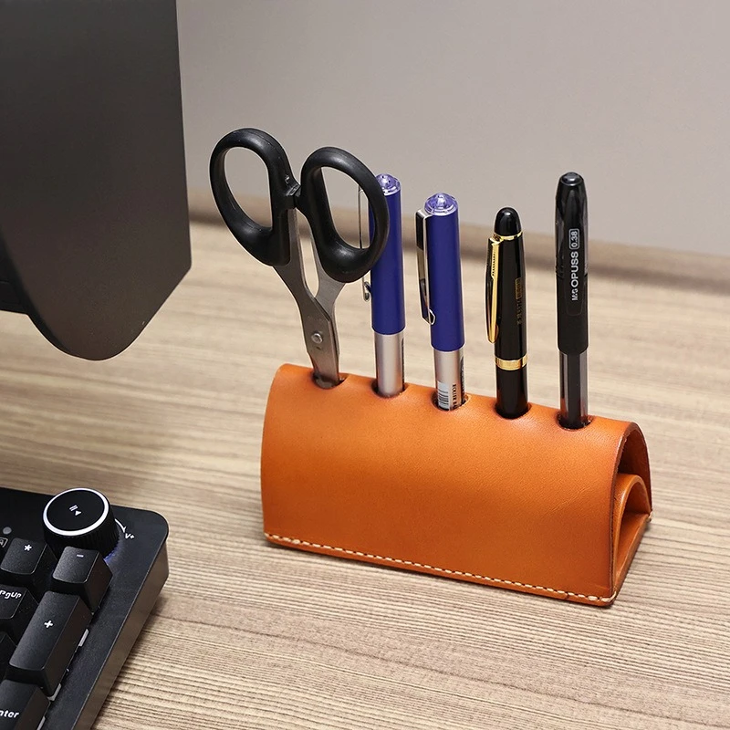 Leather pen holder, multifunctional handmade makeup brush storage ornament