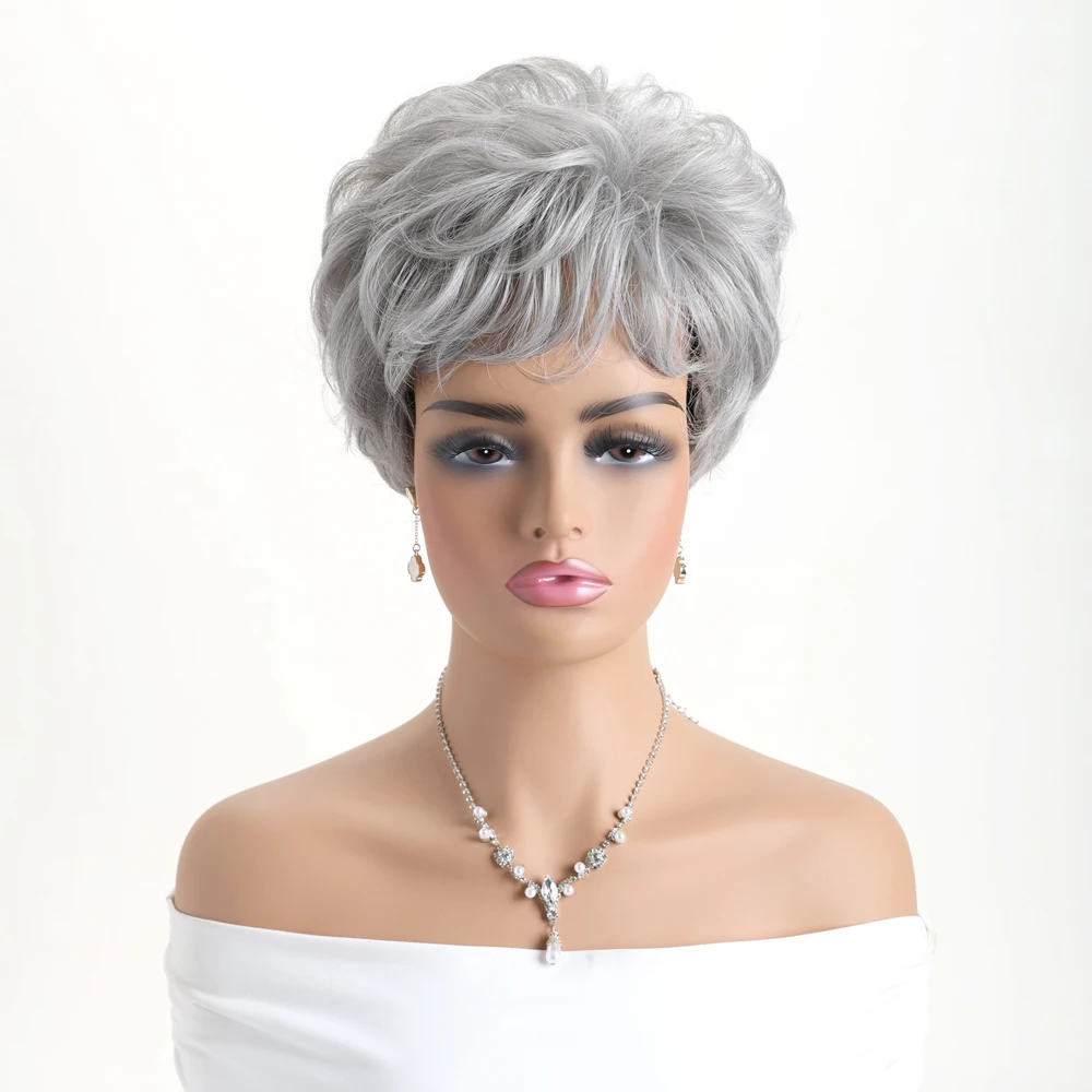 10 Inch Natural Synthetic Silver Grey Wigs For Women Short Curly Daily Christmas Wedding Party Halloween Heat Resistant Wig