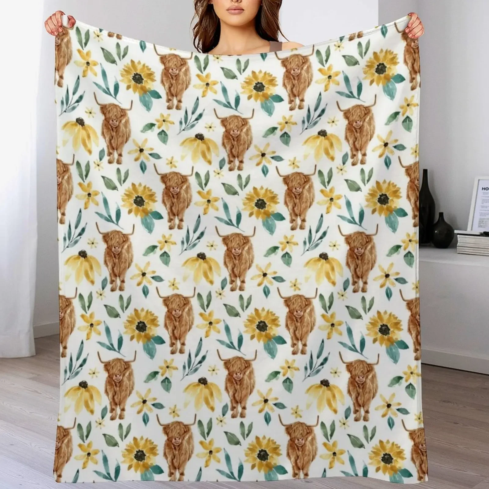 

Highland Cow With Sunflowers Throw Blanket Soft Plaid Loose Plush Blankets
