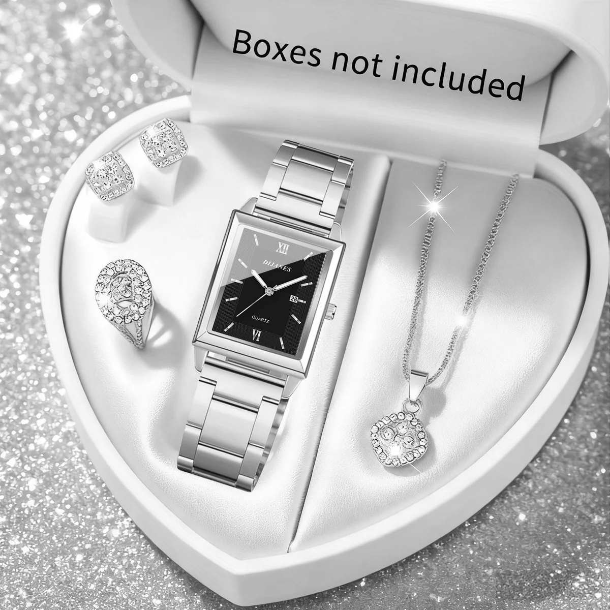 Fashion square Women's Watches 5pcs Set Luxury Women's Quartz Watch & Jewelry set Ladies necklaces, rings, earrings