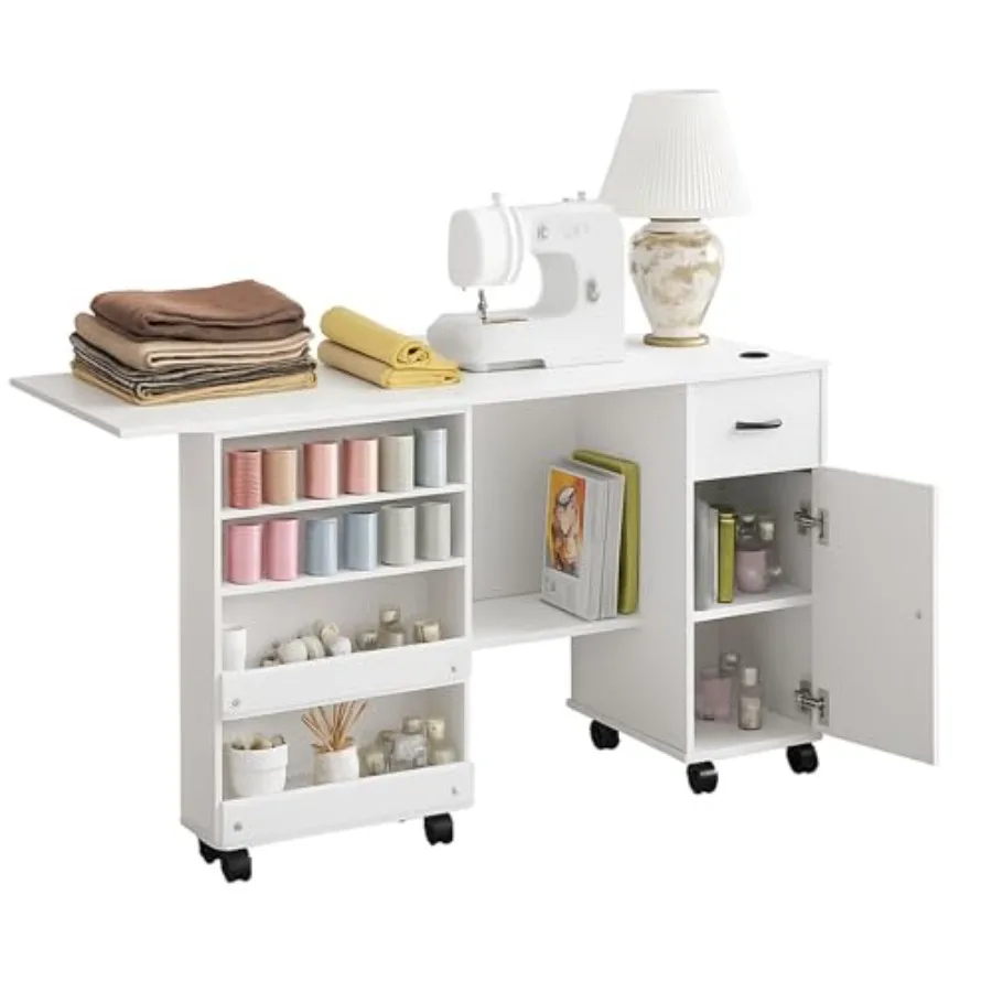

Folding Sewing Machine Table with Storage Shelves and Sliding Drawer, Rolling Side Desk for Sewing Machine, Craft Station with