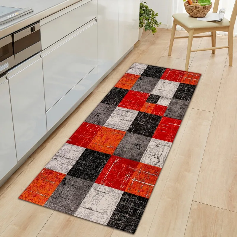 Long Kitchen Mat Black White Gray Distressed Geometric Plaid Theme Anti Slip Floor Mat Soft Wear Resistant for Kitchen Decor