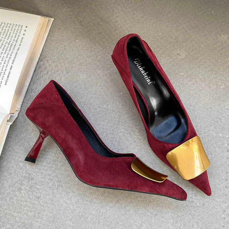 Pointed Toe Shallow Ladies Thin Heels Pumps Shoes Slides Fashion Metal Elegant Women Heeled Shoes Female Slip On Footwear image 4