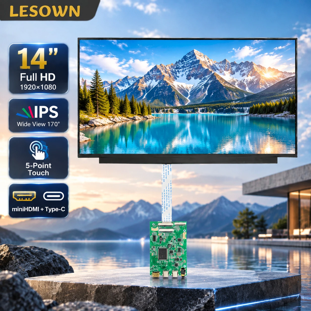LESOWN 14 Inch Touch Screen Monitor 1080P LCD Display Capacitive Panel Embedded Display DIY Industrial Monitor HDTV Type-C