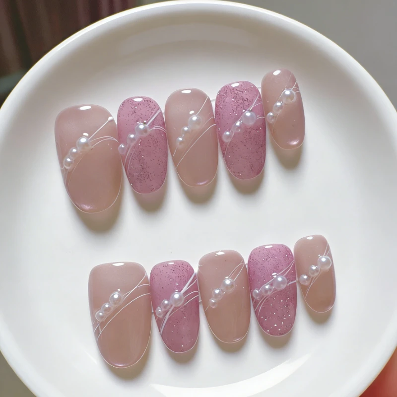 

10 шт. акриловых накладных ногтей ручной работы в форме миндаля, с жемчужным эффектом, фиолетовые, с французским маникюром, милые и очаровательные