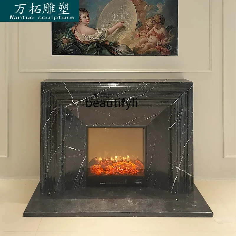 Marble fireplace American living room background decoration natural black and white root stone fireplace