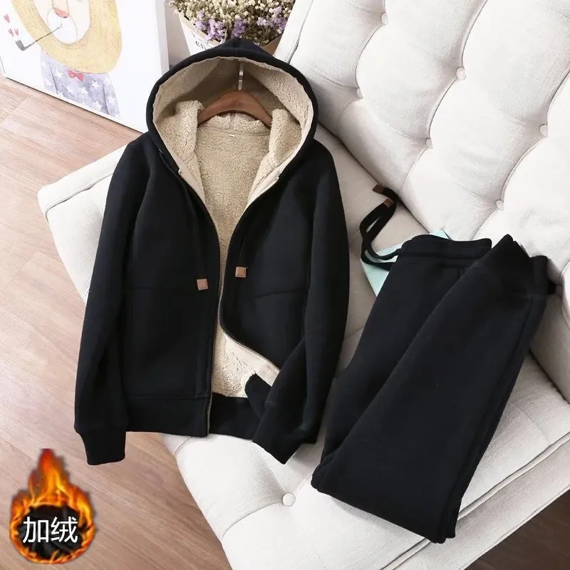 2023 New Sports  Leisure Set Women\'s Zipper Solid Coat Women\'s Autumn/Winter Korean Edition Student Plush Thickened Hoodie Set