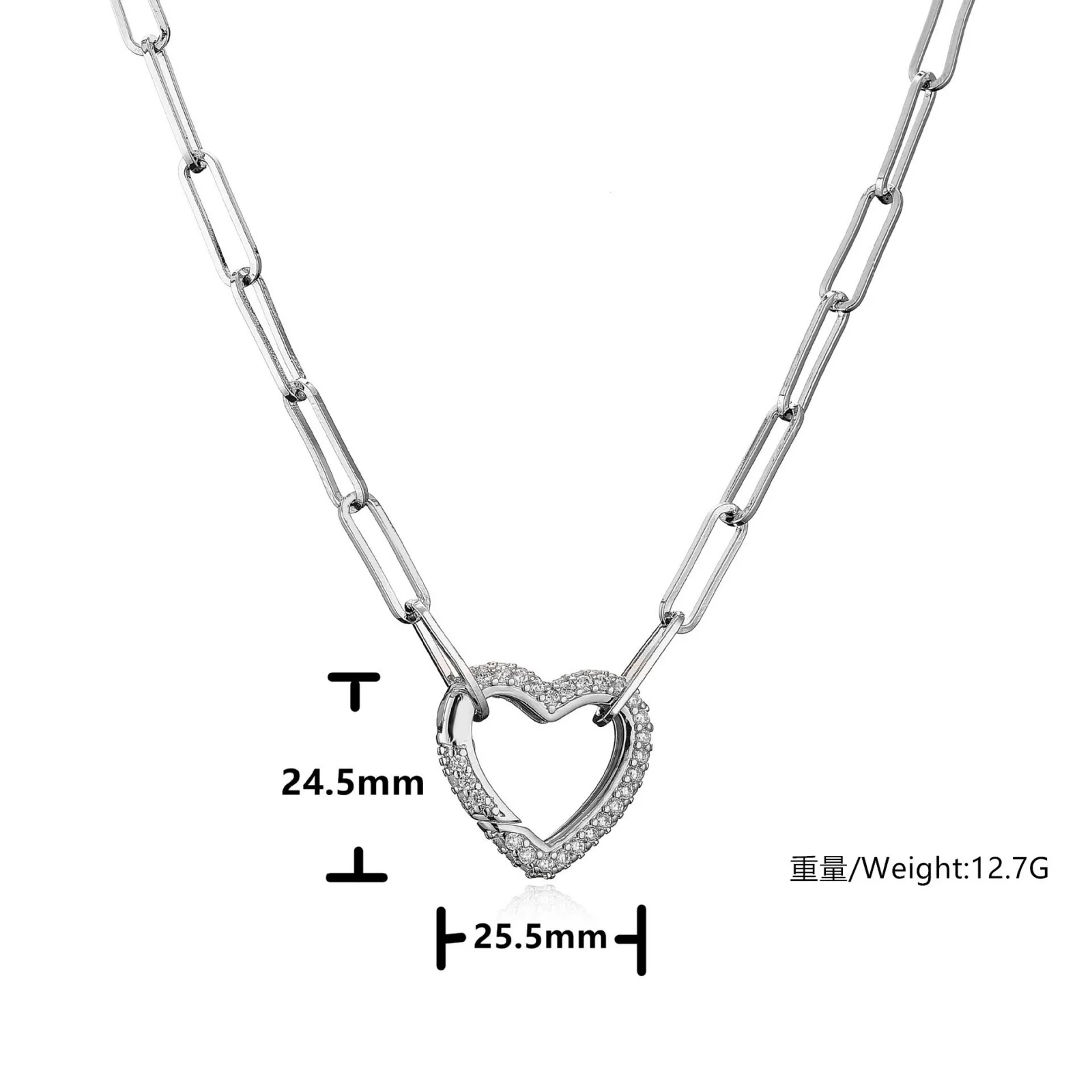 1Pc Women Paperclip Chain Necklace Multicolor Brass Link Chain Micro Pave Zircon Heart Spring Snap Clasp Charm Necklace Jewelry