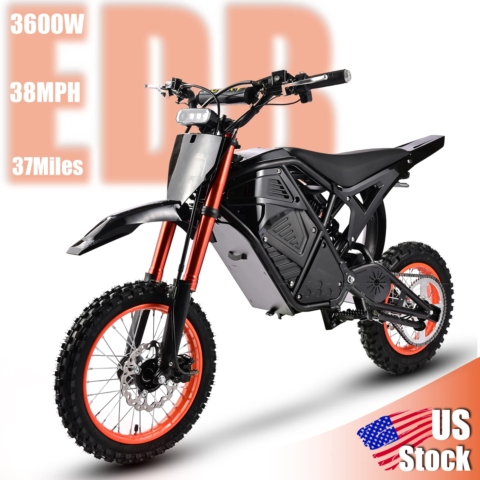 

EDB001 Adult Off-Road Ebike 3600W Power 38MPH Speed 1008Wh Lithium Battery 37Miles Max Range 4hours Charging Time 18" Tubeless Tires 30° Climb Grade Hydraulic Shock Absorption System Dual Hydraulic Oil Disc Brakes 3 Speed Modes Electric Dirt Bike US Stock