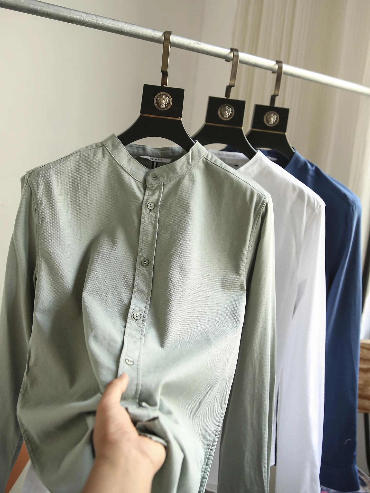 

Spring Summer New Sle Japanese Simple Casual Men's Color Stand Collar Embroidered Long Sve irt Trendy Breathable
