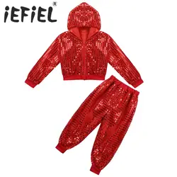 Kids Boys Girls Hip-hop Jazz Dance Performance Costume Street Dancing Dress Shiny Sequins Long Sleeve Hooded Tops with Pants Set