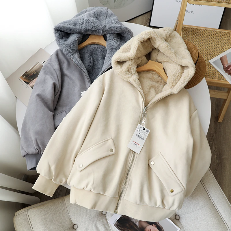 

Women's Casual Jacket Fall Winter Double Sided Wear Solid Color All-Matched Overcoat Thick Fleece Thermal Hooded Outerwear