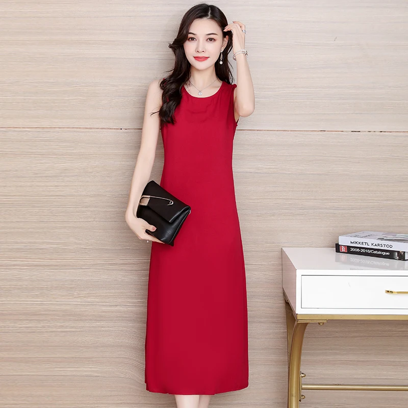 8 Colors Sleeveless Vintage Summer Dress Women Casual Solid Color Women Dress O-Neck Elegant Sundress Women Black Long Dress
