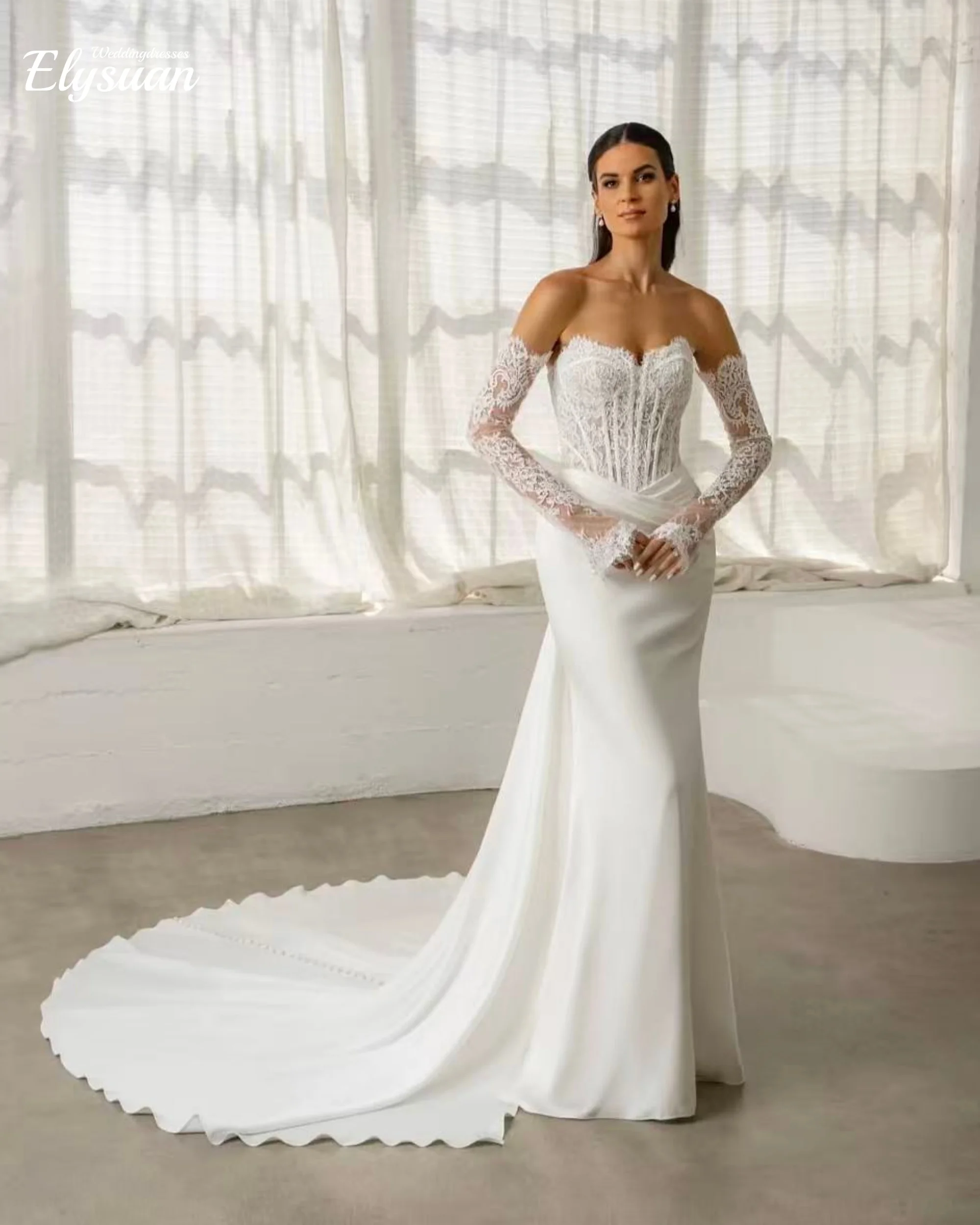 Customized Satin White Appliques Wedding Dresses long sleeves glitter fishtail Lace decal Gowns Made wedding Vestidos de Novia