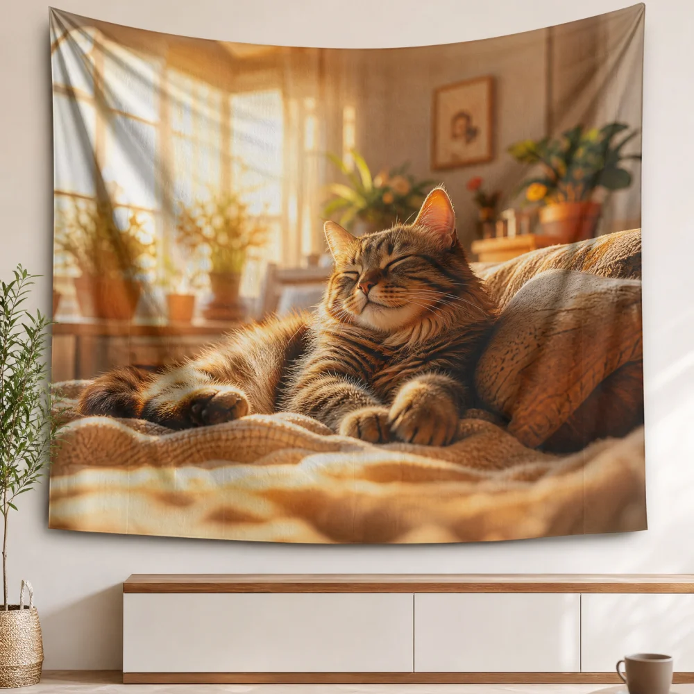 Window edge long haired tiger spotted cat printed tapestry 150X100CM suitable for bedroom warm healing wall background cloth