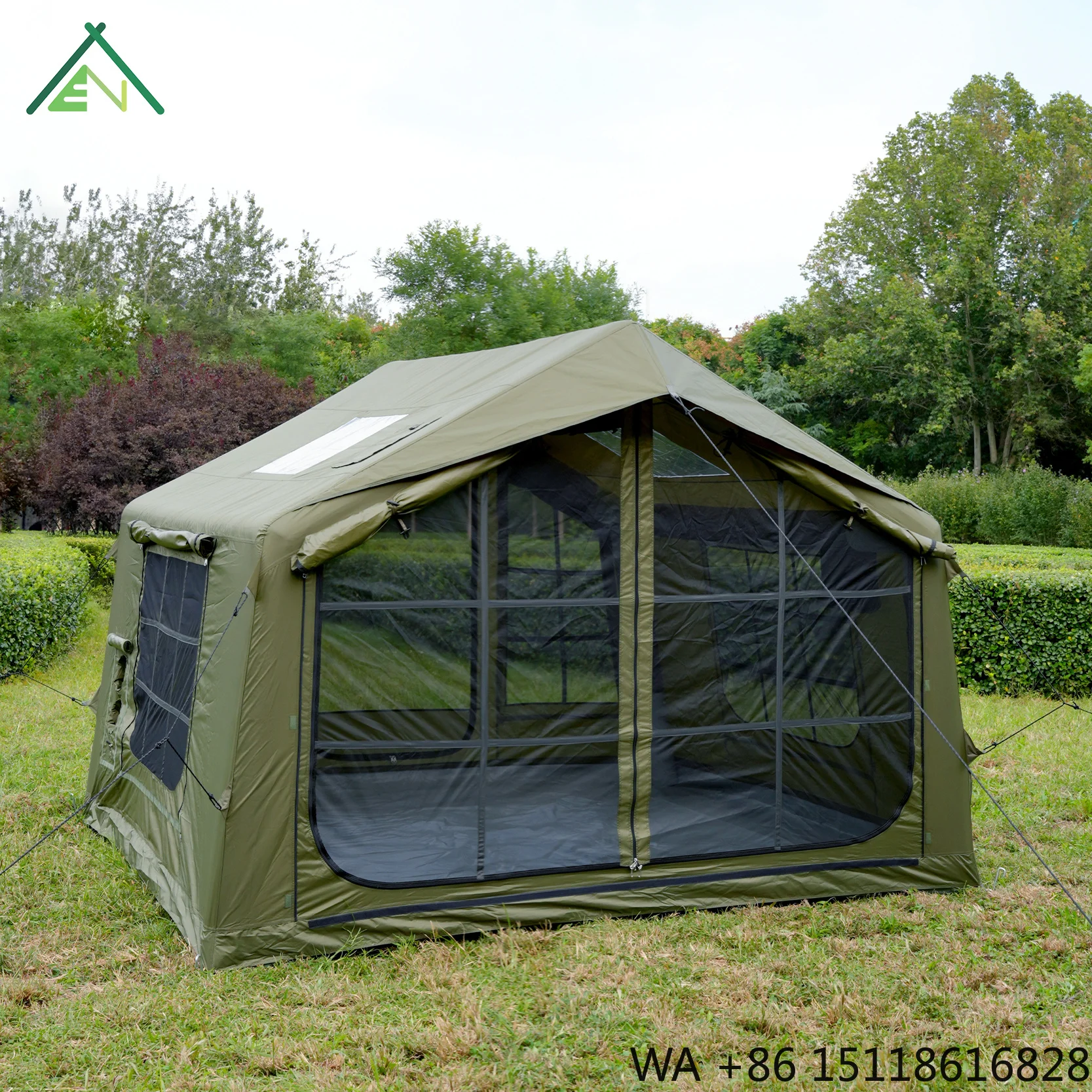 8sqm Olive Green Waterproof Inflatable Tent House 4 Season 2-3 Person Camping Cabin with One Bedroom & Living Room Family Travel