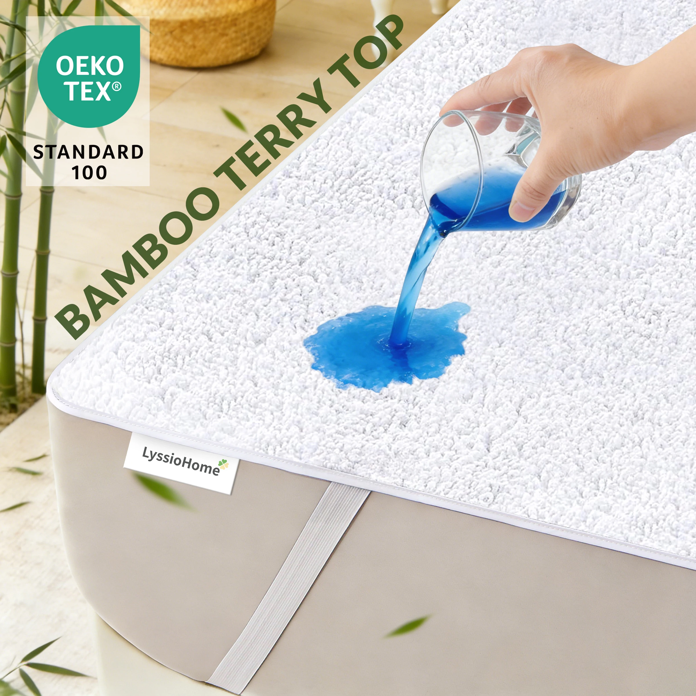 Waterproof Bamboo Fiber Terry Mattress Pad Cover Moisture Wicking Mattress Protector with 4 Elastic Corner Straps Soft Breathabl