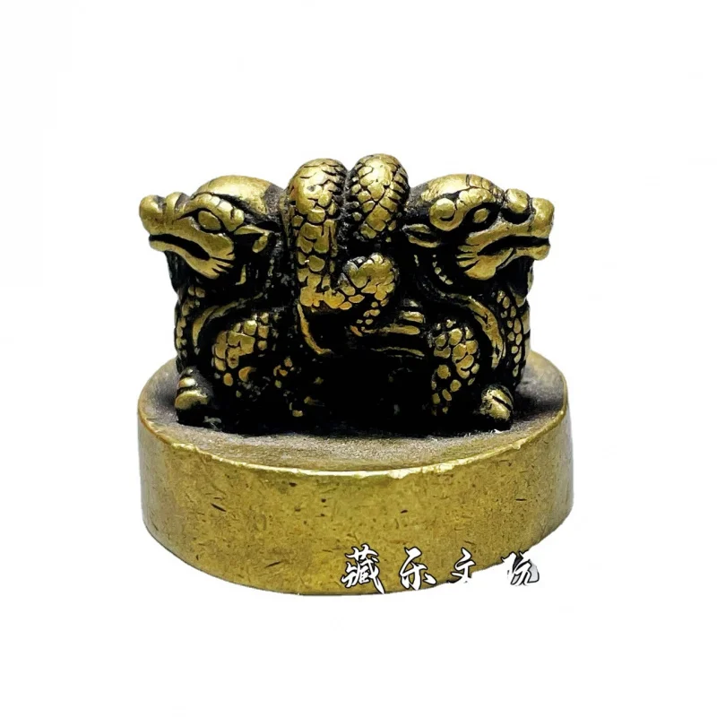 Antique Bronze Solid Pure Copper Double Round Small , Vintage Brass Dragon Seal, Decorative Ornament for Study Room