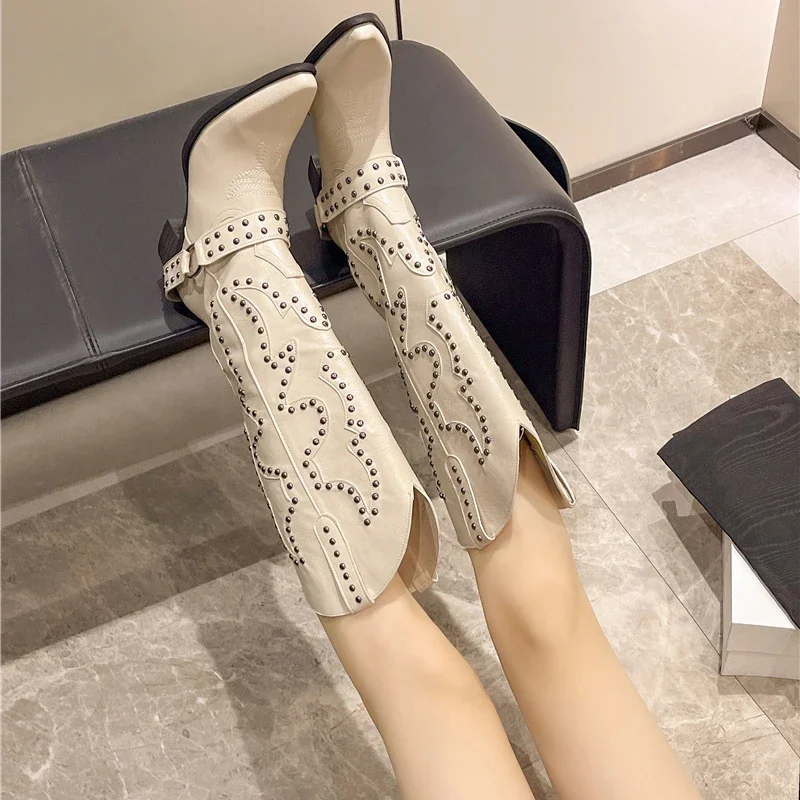Autumn Winter Belt Buckle Rivet Women Western Cowboy Boots Fashion Slip on Thick Heel Shoes Embroidery Knight Botas - view 4