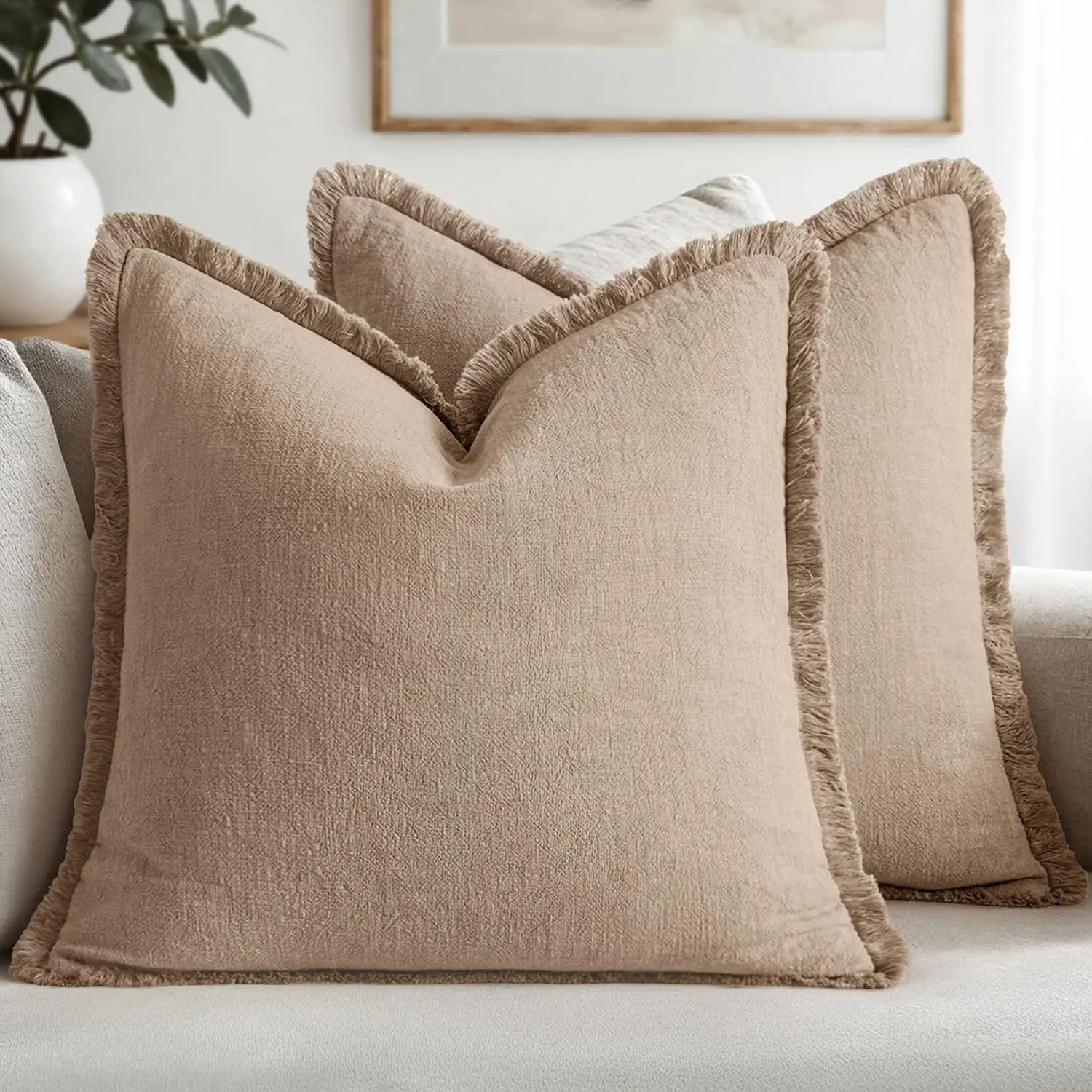 Housse de coussin décorative neutre en lin avec franges, style bohème et campagnard, couleur camel, avec pompons pour canapé et fauteuil