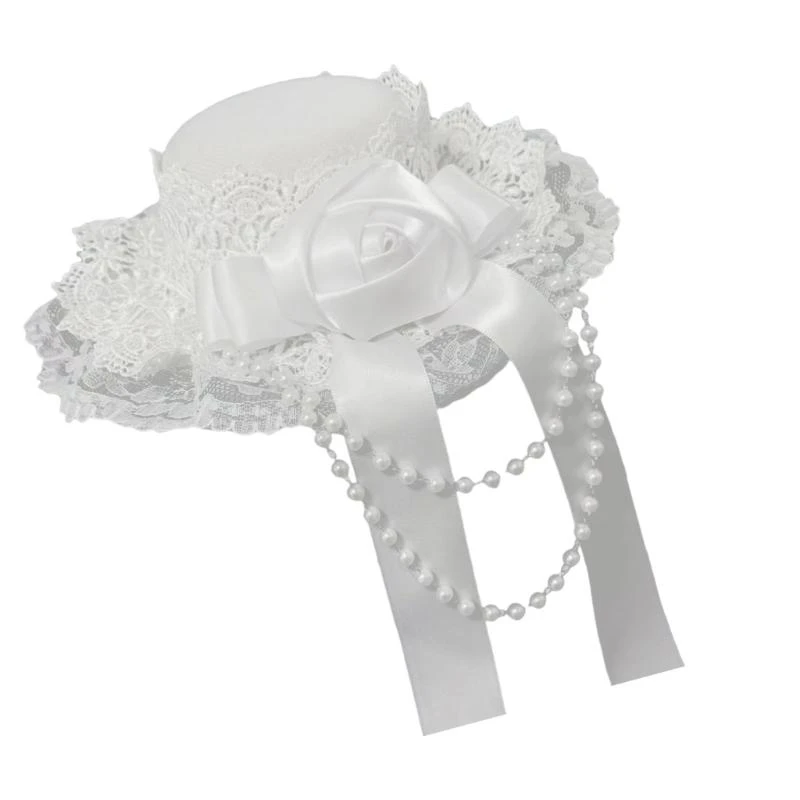 

652F Gothic Lolitas Top Hat Hair Clips Headdress Rose Lace Beaded Headwear Subcultures Hair Accessories Halloween Cosplay