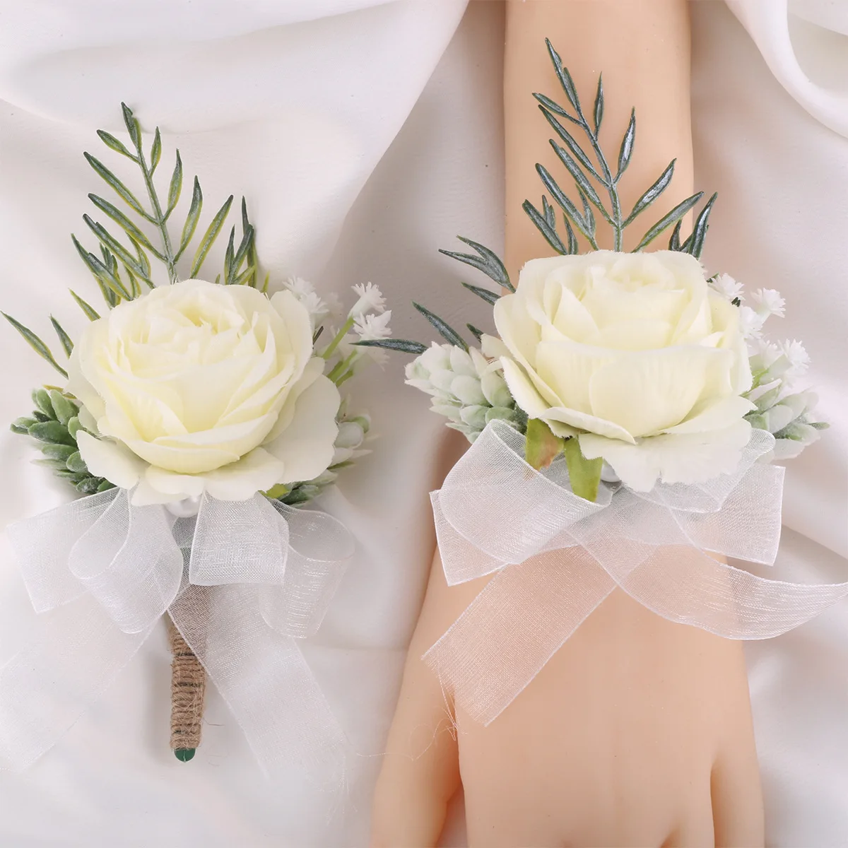 Ivory Silk Rose Wedding Boutonnieres for Men Ribbon Bow Pins Artificial Florals Bridal Prom Decor Accessories traje de novio