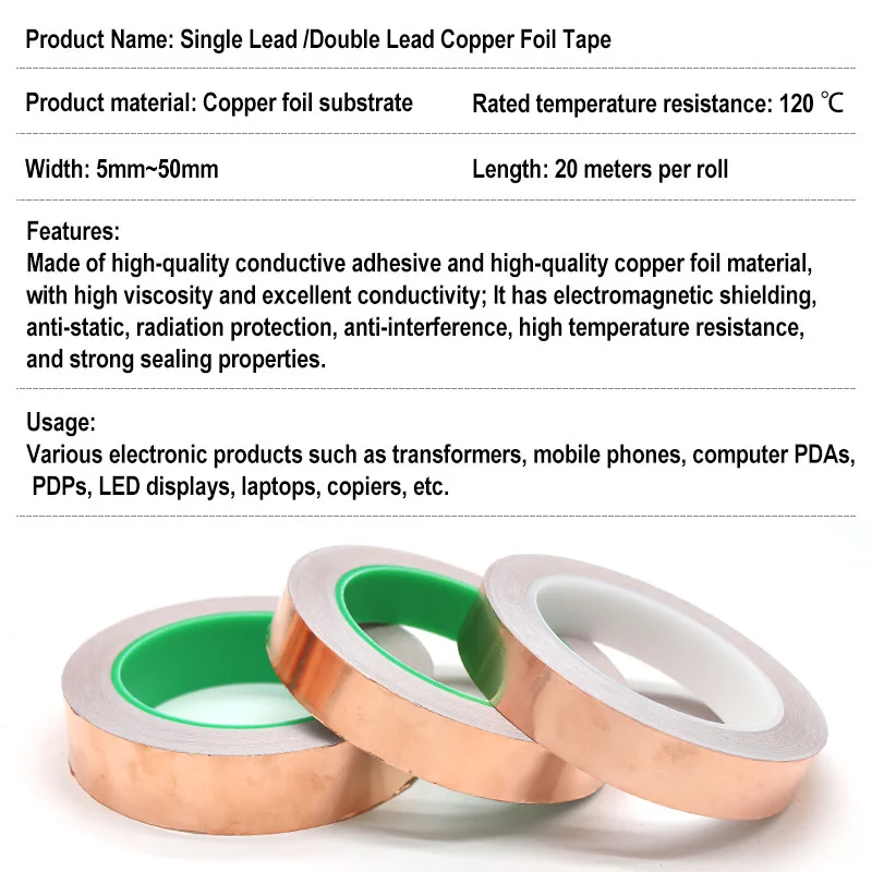 20m Width 5/6/8/10/15/20-50mm Double-Single-sided Conductive Copper Foil Adhesive Tape High-temperature Radiation Protect Tapes