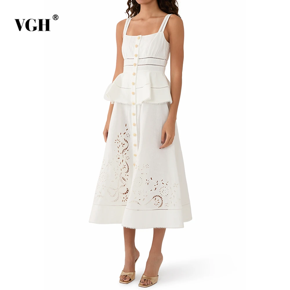 

VGH french style elegant slimming hollow out dresses For women square collar sleeveless high waist casual dress female fashion