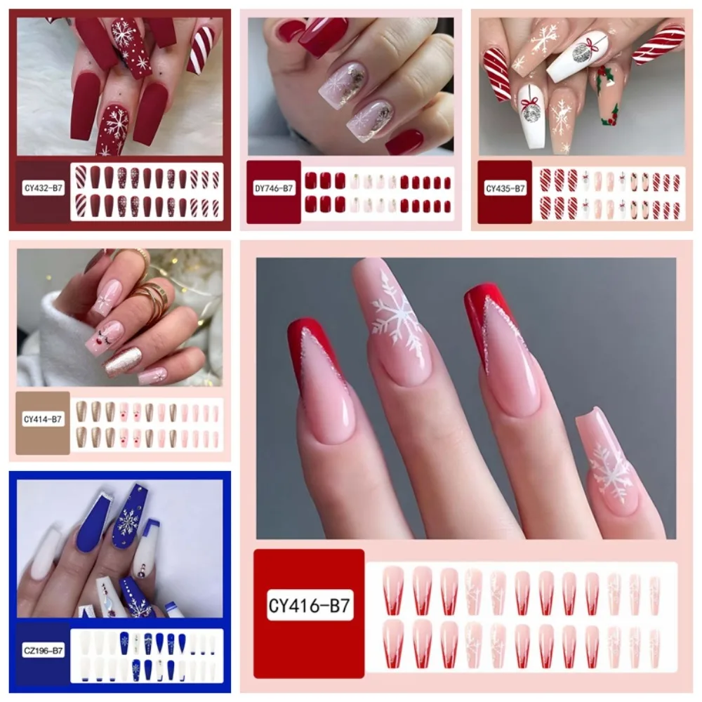 24 stks/set Nagelbenodigdheden Kerst Kunstnagels Manicure Materiaal Volledige dekking Nail Art Tips Kerst Nepnagels Sneeuwvlok