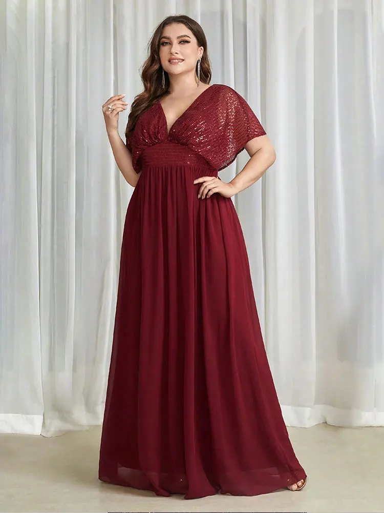 

Plus Size V-Neck Burgundy Sequined Bridesmaid Evening Dress 4xl Bigsize Chiffon Floor-Length Multi-Color Banquet Evening Dress