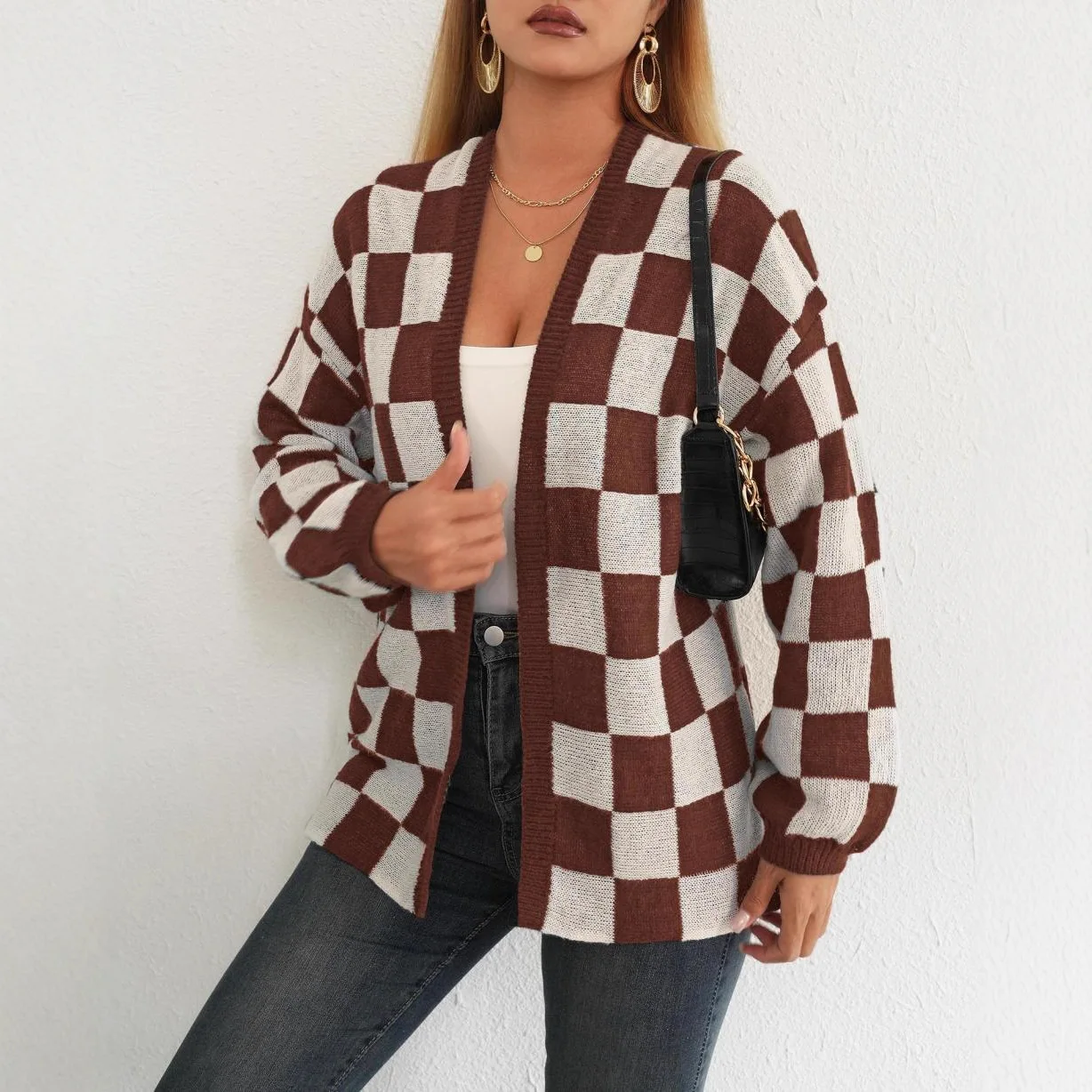Checkerboard Print Knitted Cardigan V Neck Open Front Long Sleeve Drop Shoulder Knit Outerwear For Women Autumn Winter