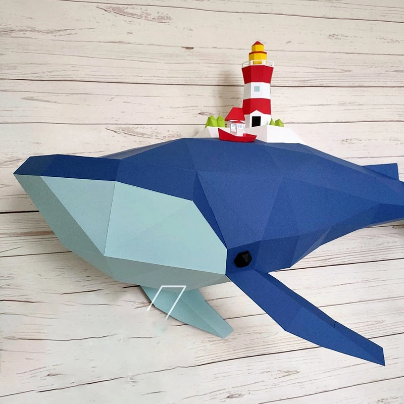 1m Blue Whale Moves Small Island Castle Paper Model Kit Marine Animal Models Papercraft 3D Home Decor Wall Decorations Sculpture