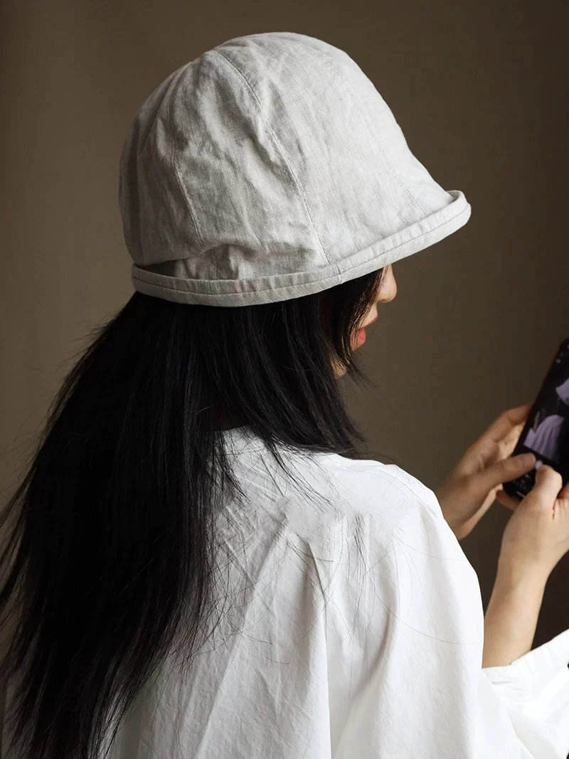 Leinen Gekräuselte Kante Sonnenhüte Für Frauen Faltbare Eimer Hut Sommer Visiere Kappen Weibliche Panama Bob Outdoor Strand Fischer Kappen Gorro – Detail 2