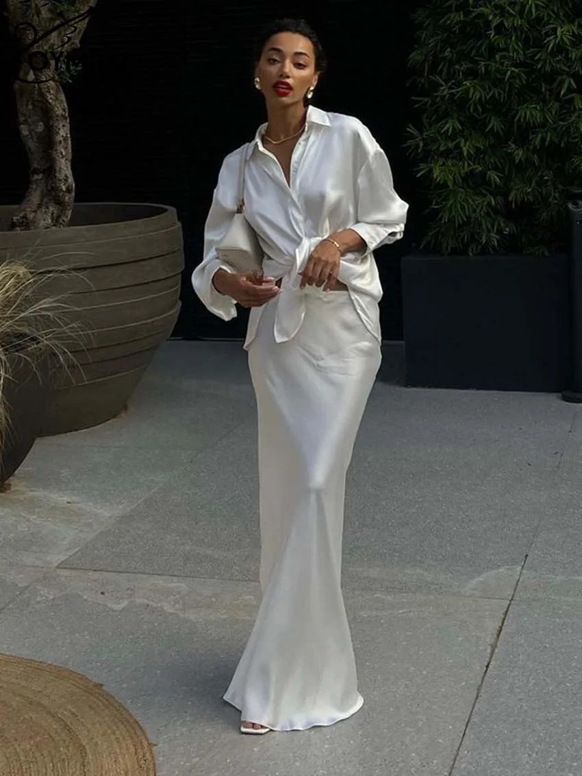 Oymimi Fashion White Satin Women Two Piece Set Elegant Long Sleeve Button Side Slit Shirts And Simple Slim Straight Skirts Sets