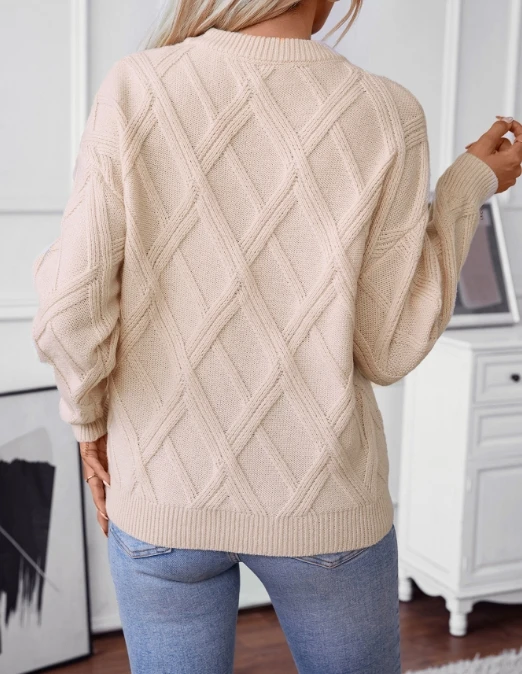 Diamond shaped pullover sweater for women, fashionable and casual, loose round neck knitted women's top, 2024 autumn new item