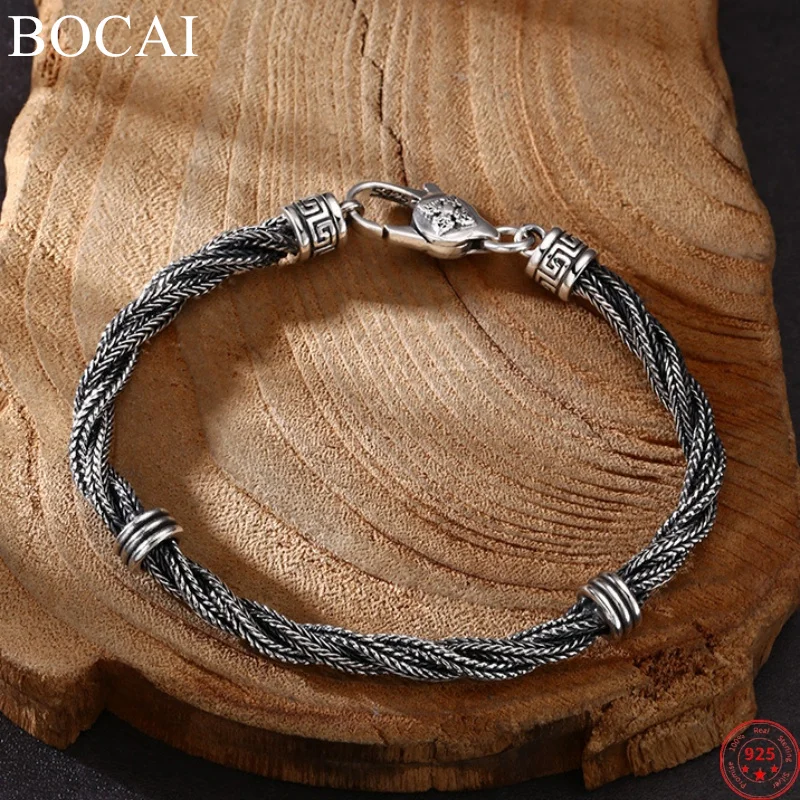 BOCAI S925 Sterling Silver Bracelets for Men New Fashion Ethnic Style Ancient Weaven Horsewhip-chain Punk Jewelry