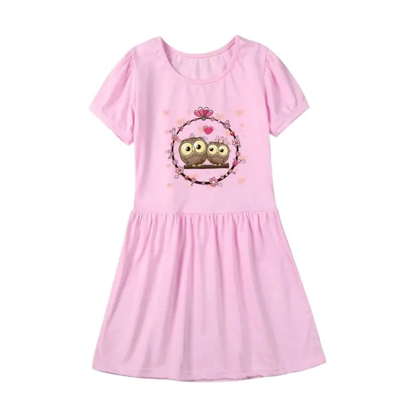 Princess Girls Dresses Short Sleeve Summer Baby Frocks Cartoon Cute Owl Print Dresses Kids Wear