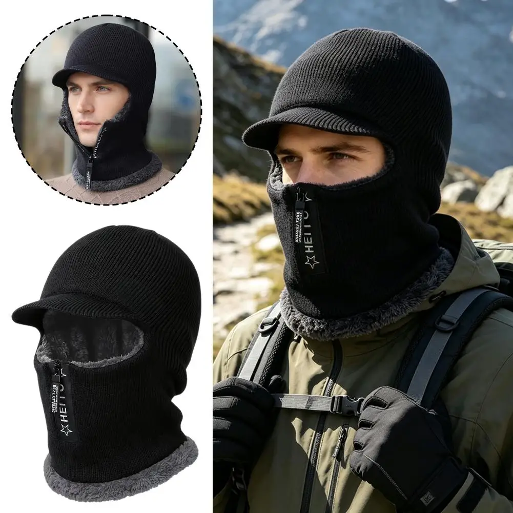 New Men Winter Warm Wool Hat Outdoor Ear Protection Hats Warm Thick Bicycle Knitted Capd Scarf Windproof Visors Cap