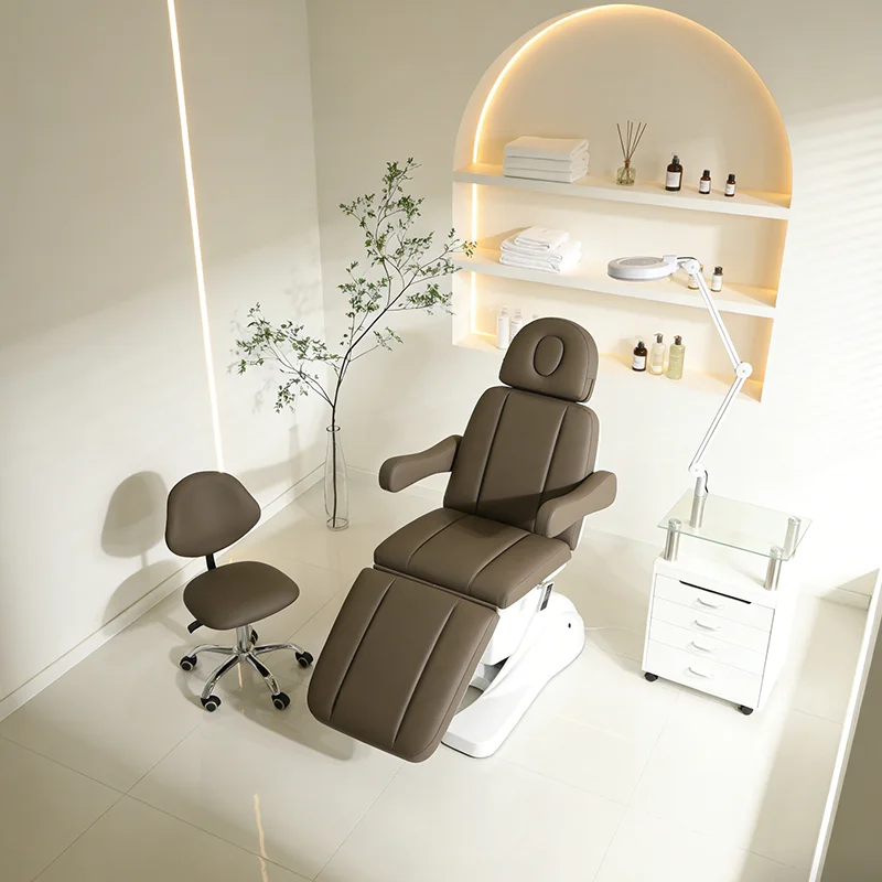 Modern Brown Leather 3/4 Electric Cosmetologist Eyelash Facial Spa Bed Adjustable Electric Massage Bed Beauty Chair for Beauty S