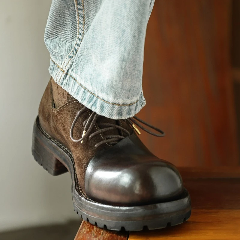 American Round-Toe Retro Horsehide Thick Sole Work Leather Shoes Men's Genuine Leather Thick Sole Casual Deby Oxfords Male