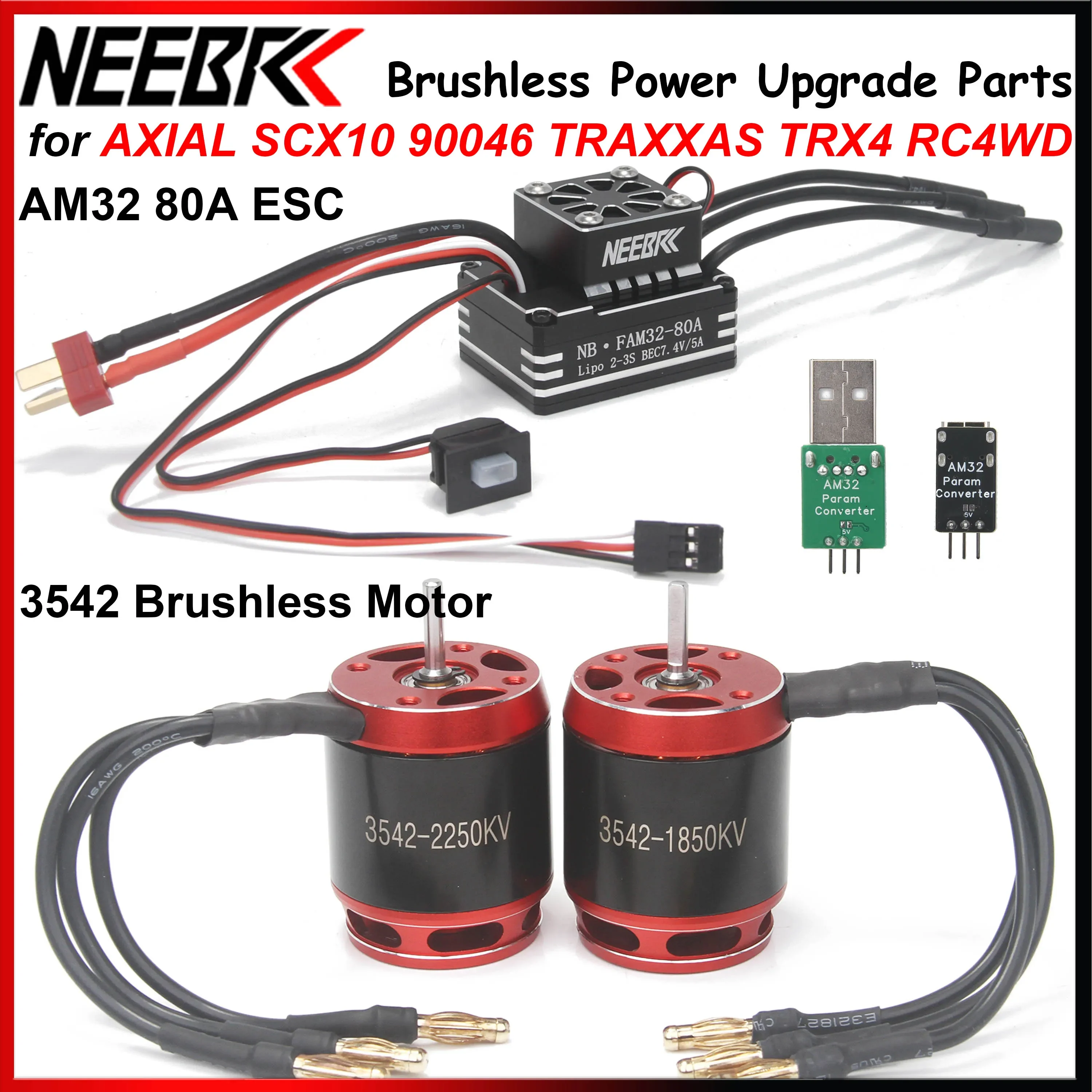 NEEBRC AM32 80A Brushless ESC 3542 1850/2250KV Motor USB/Type C Link for 1/8 RC Crawler Car AXIAL SCX10 90046 TRAXXAS TRX4 RC4WD