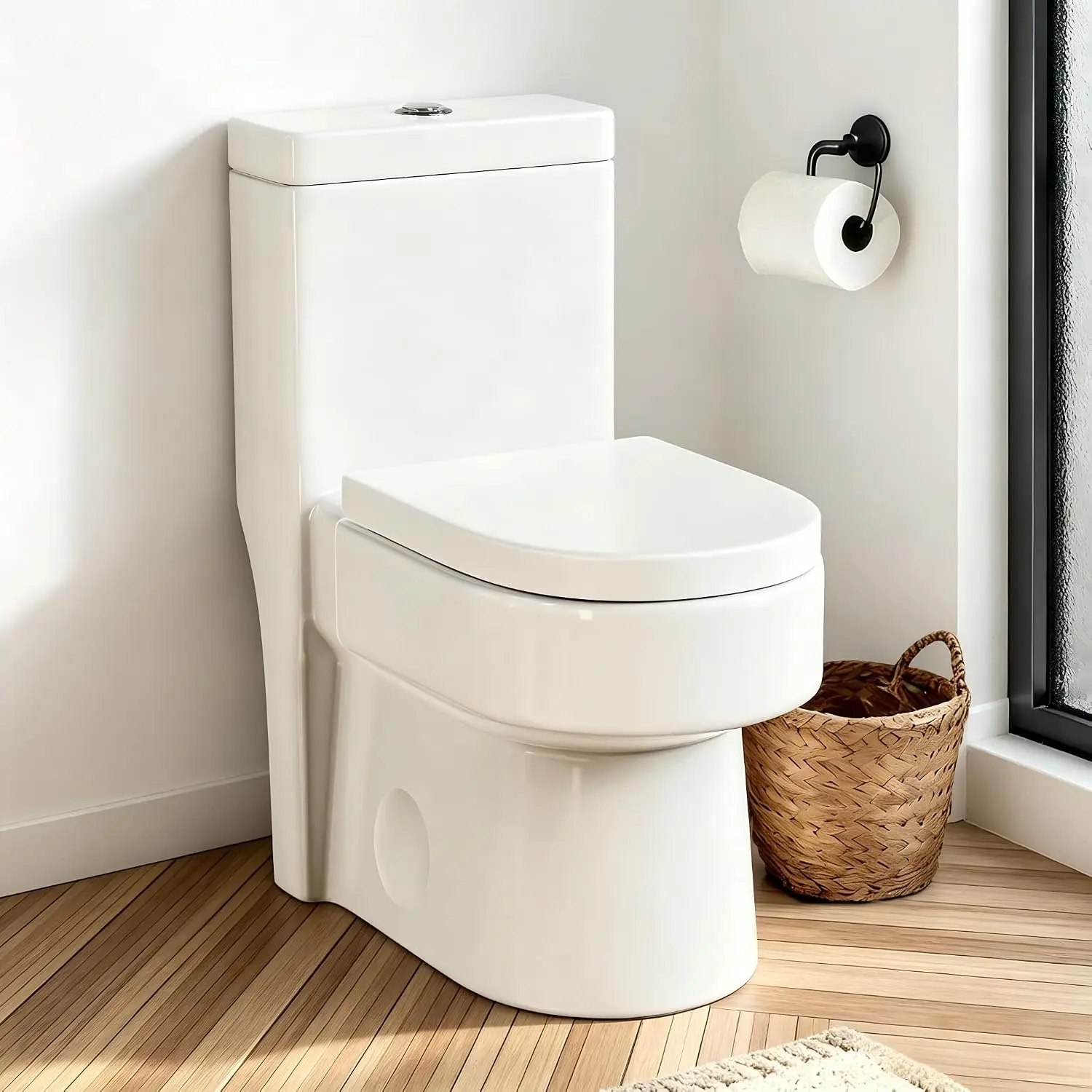 Compact One Piece Toilet with Soft-close Seat Lid, Power Dual Flush 1.2/1.85 GPF, Modern Standard White Toilet Bowl, Smart Toile