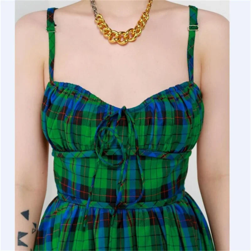 Vintage Green Plaid Backless Strap Dress Women's Sexy Sweet Sleeveless Lace-up Beach Dresses Vestidos De Verano Mujer 2023