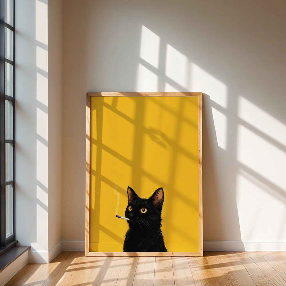 Minimal Abstract Black Cat With Cigarette Canvas Poster Wall Art,2D Print Wall Decor,Home Decor For Living Room Bedroom