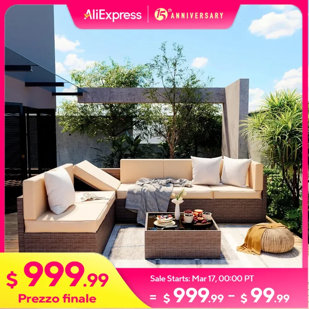 7 Pieces Patio Furniture Set Outdoor Sectional Sofa Conversation Set Rattan Sofa with Coffee Table and Washable Cushions Covers