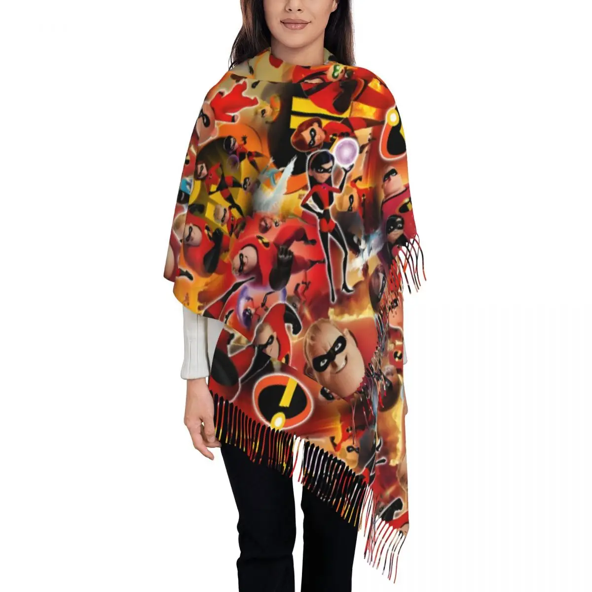 

Custom Luxury The Incredibles Cartoon Tassel Scarf Women Winter Fall Warm Shawl Wrap Female Superhero Film Anime Cute Scarves